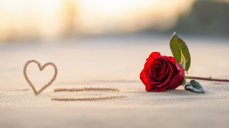 A Valentines Day message written in the sand with a red rose lying next to it.の素材