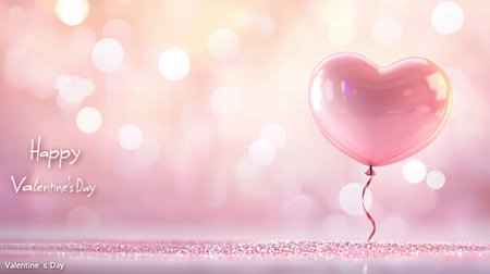 A cheerful 'Happy Valentine's Day' card with a heart-shaped balloon and soft pink hues.の素材