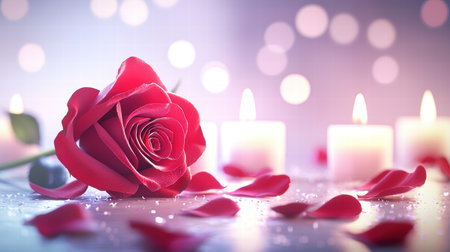 A red rose surrounded by soft candlelight and rose petals, creating a dreamy Valentine's Day atmosphere.の素材