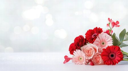 A cheerful Valentine's Day bouquet with red and pink flowers, including roses and carnations, set on a white surface.の素材