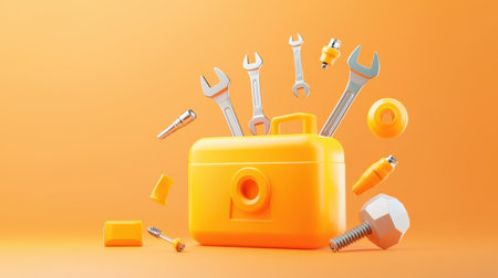 Dynamic 3D toolbox icon with floating tools like screwdrivers, pliers, and wrenches.の素材