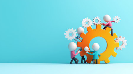 Minimalist 3D icons representing teamwork, with figures holding gears and connecting pieces in a clean, colorful style.の素材