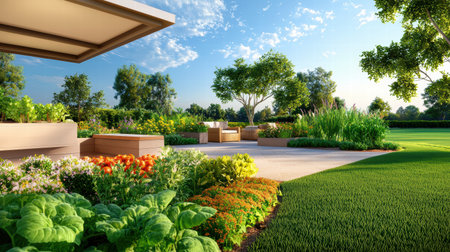 A family-friendly home garden with a mix of vegetables, herbs, and flowers, along with a shaded seating area for relaxation.の素材