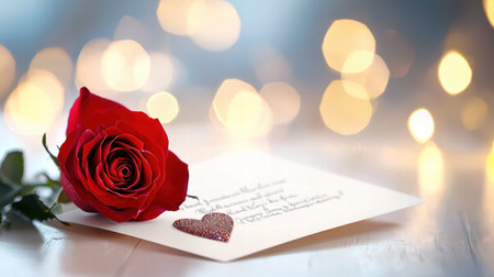 A close-up of a Valentine's Day card with a red rose, glitter accents, and a loving message inside.の素材