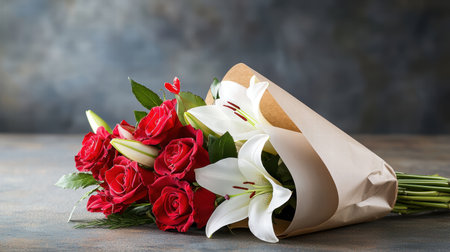 A bunch of fresh-cut red roses and lilies, elegantly wrapped in paper for a Valentine's Day gift.の素材