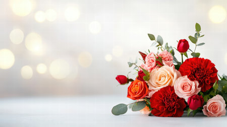 A cheerful Valentine's Day bouquet with red and pink flowers, including roses and carnations, set on a white surface.の素材