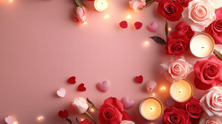 A romantic display of red and pink roses surrounded by candles, creating a festive Valentine's Day atmosphere.の素材