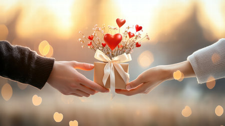 A close-up of hands handing over a Valentine's Day bouquet wrapped in ribbon, offering love and affection.の素材