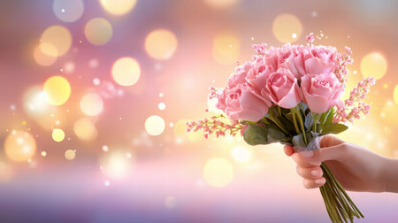 A delicate hand handing a bouquet of pink roses, symbolizing love and affection for Valentine's Day.の素材