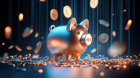 Iconic 3D piggy bank design, with coins falling into it, glowing in vibrant metallic tones.の素材