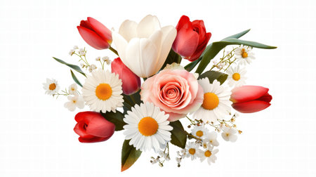 A Valentines card adorned with a beautiful floral arrangement of roses, daisies, and tulips.の素材