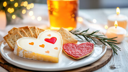 A cozy Valentines snack featuring a heart-shaped cheese platter and crackers.の素材
