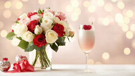 A romantic bouquet of fresh roses and peonies, captured with soft lighting for a Valentine's Day setting.の素材