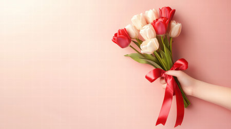 A hand holding a bouquet of roses and tulips with a red ribbon for Valentine's Dayの素材