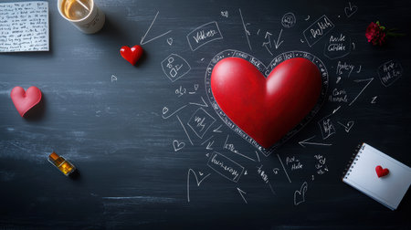 A hand-drawn Valentines heart on a chalkboard surrounded by romantic messages.の素材