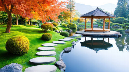 A picturesque Japanese garden featuring vibrant maple trees, stepping stones across a pond, and a small wooden pavilion.の素材
