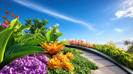 A colorful rooftop garden with a variety of flowers and leafy greens, creating a relaxing urban escape under clear blue skies.の素材