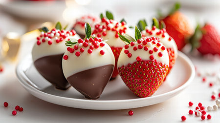 A plate of chocolate-covered strawberries decorated with red and white sprinkles.の素材