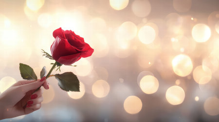 A hand holding a single red rose with a soft bokeh background, capturing the romance of Valentine's Day.の素材