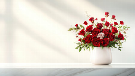 A lush bouquet of deep red roses on a marble surface, creating an elegant Valentine's Day gift display.の素材