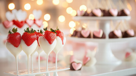A Valentine's Day party with a DIY dessert bar featuring chocolate-covered strawberries and heart-shaped cookiesの素材