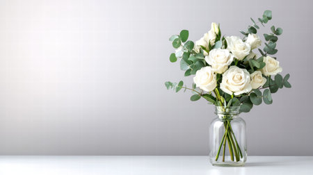 Simple and elegant Valentine's Day flower arrangement with white roses and eucalyptus in a glass jarの素材