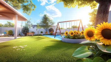 A family backyard featuring a swing set, lush grass, and a small garden bed filled with vibrant sunflowers.の素材