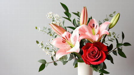 A romantic Valentine's Day floral arrangement featuring red roses, pink lilies, and delicate greeneryの素材