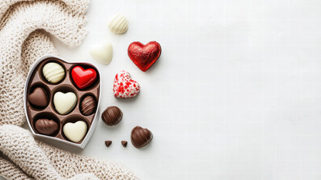 A romantic flat-lay featuring a heart-shaped box of chocolates on a soft blanket.の素材