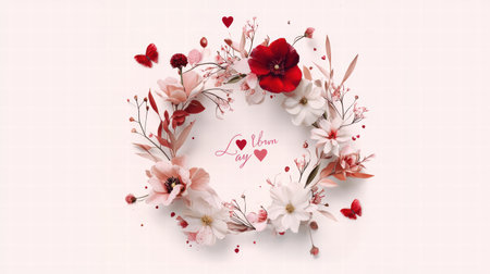 A romantic Valentines Day card with a wreath of flowers and a loving sentiment in the center.の素材