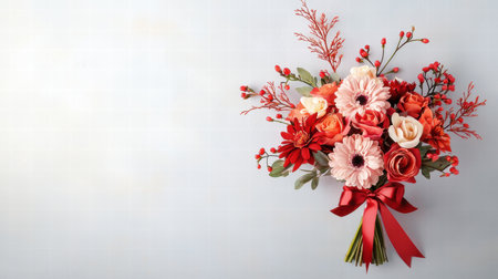 A romantic Valentine's Day bouquet with mixed flowers and a red ribbon, perfect for giftingの素材
