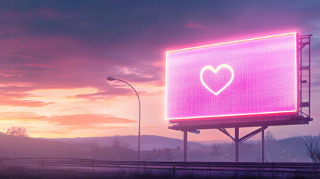 A Valentine's Day sale announcement on a glowing pink billboard.の素材