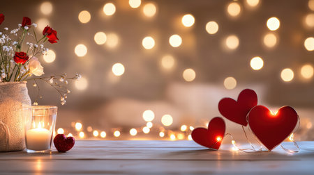 Romantic Valentine's Day party decorations with heart-shaped garlands and soft lightingの素材