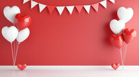 Red and white balloons and banners creating a festive Valentine's Day party environmentの素材