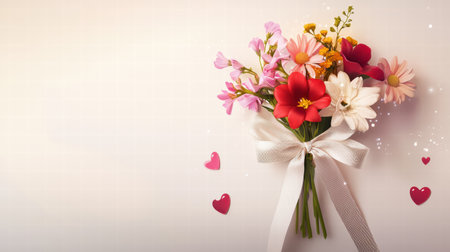 A romantic Valentine's Day card featuring a bouquet of mixed flowers, tied with a satin ribbon.の素材