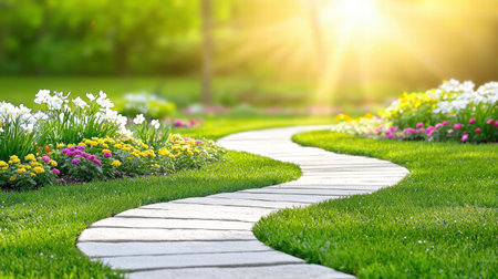 A serene spring garden with a stone pathway winding through vibrant flower beds and soft sunlight streaming through.の素材