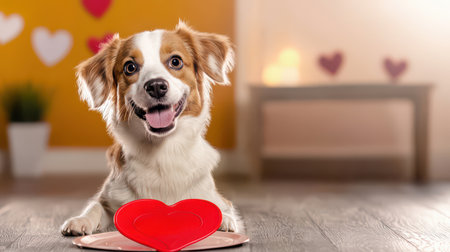 Playful Valentine's Day dog photo with a red frisbee shaped like a heart.の素材