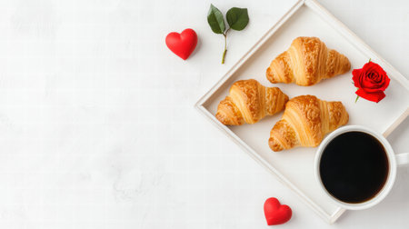 A Valentines breakfast in bed featuring a tray with croissants, coffee, and a single red rose.の素材