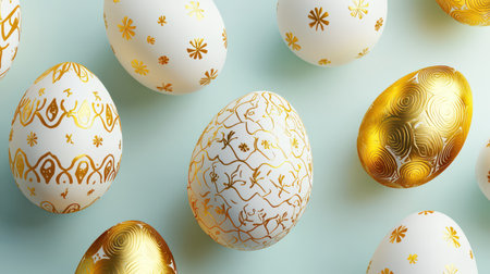 Easter sale banner featuring 3D-rendered eggs with golden patterns.の素材
