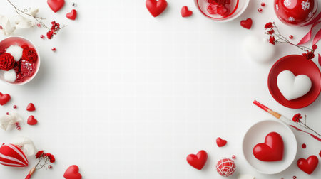 A Valentine's Day celebration backdrop with red, white, and pink decorations and heart-shaped motifsの素材