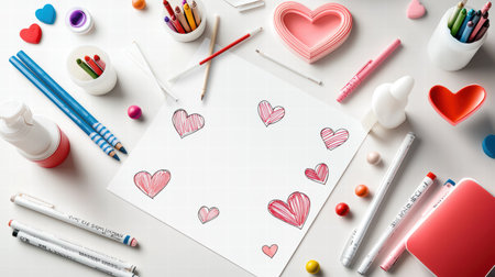 Valentines Day activity sheet for kids, featuring heart shapes and fun designs, laid on a table with crayons and markers, ready for kids to colorの素材