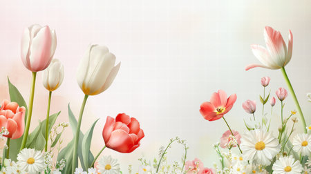 A Valentine's Day card with a garden of flowers, including tulips, roses, and daisies, in soft watercolor tones.の素材