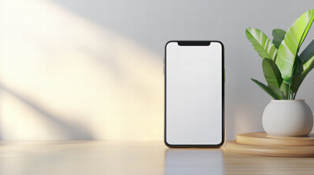 Ultra-realistic smartphone with a blank white screen, propped up on a desk with natural light and soft shadows.の素材