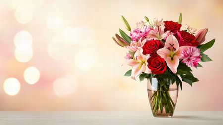 Elegant Valentine's Day flowers in a vase with red roses, lilies, and pink carnationsの素材