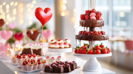 Sweet treats and a chocolate fountain centerpiece at a Valentine's Day partyの素材