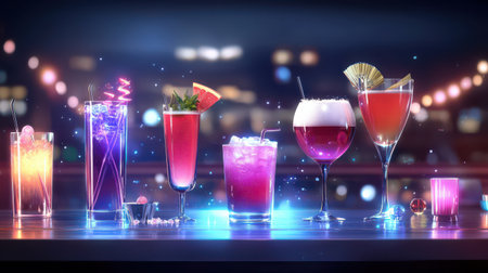 A bar scene showcasing an assortment of cocktails on the counter, with elegant glassware and glowing lights.の素材