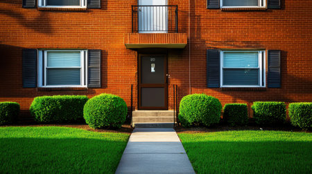 A suburban apartment building with a brick facade and neatly trimmed bushes.の素材