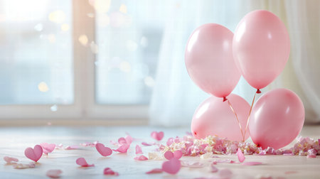 Soft pink balloons and flower petals scattered across the floor, setting the mood for a Valentine's Day celebrationの素材