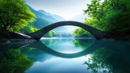 An ancient stone bridge arching gracefully over a calm river.の素材