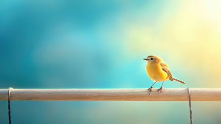 A bird perched on a fence, with a beautiful nature scene and blue sky in the background.の素材